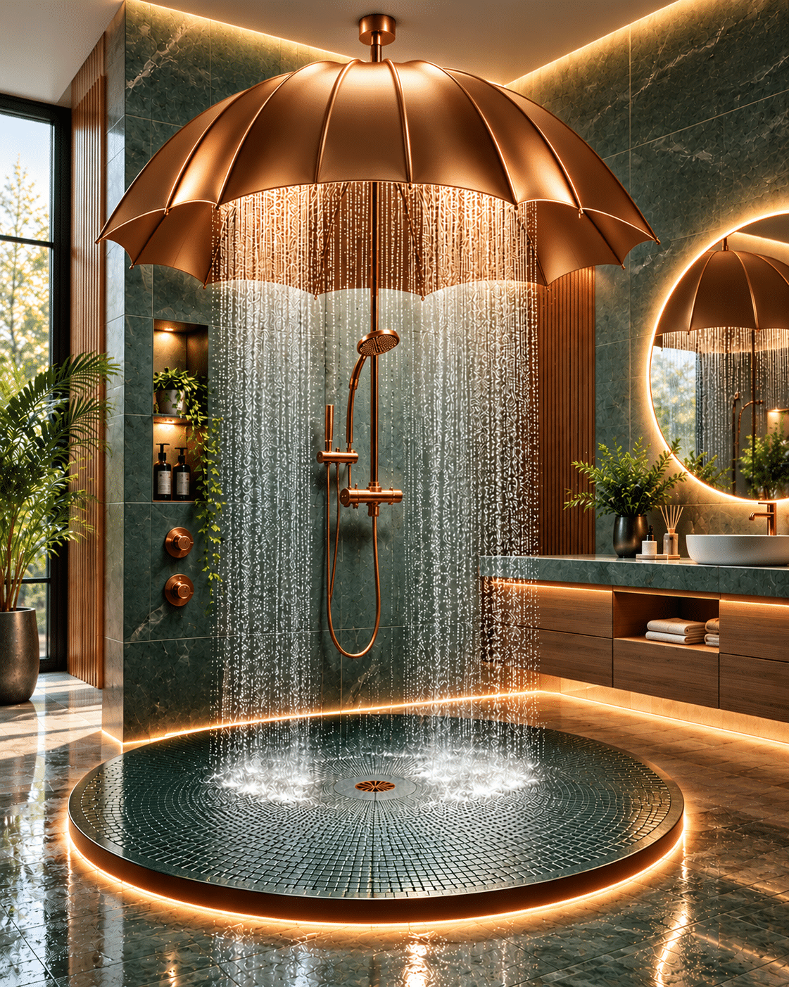 Copper umbrella shower with cascading water, circular tiled platform and deep green marble-effect bathroom walls.