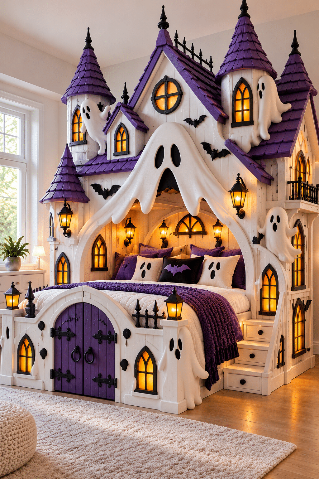White and purple Halloween castle bed decorated with playful ghosts, black bats, illuminated gothic windows and cosy purple bedding.