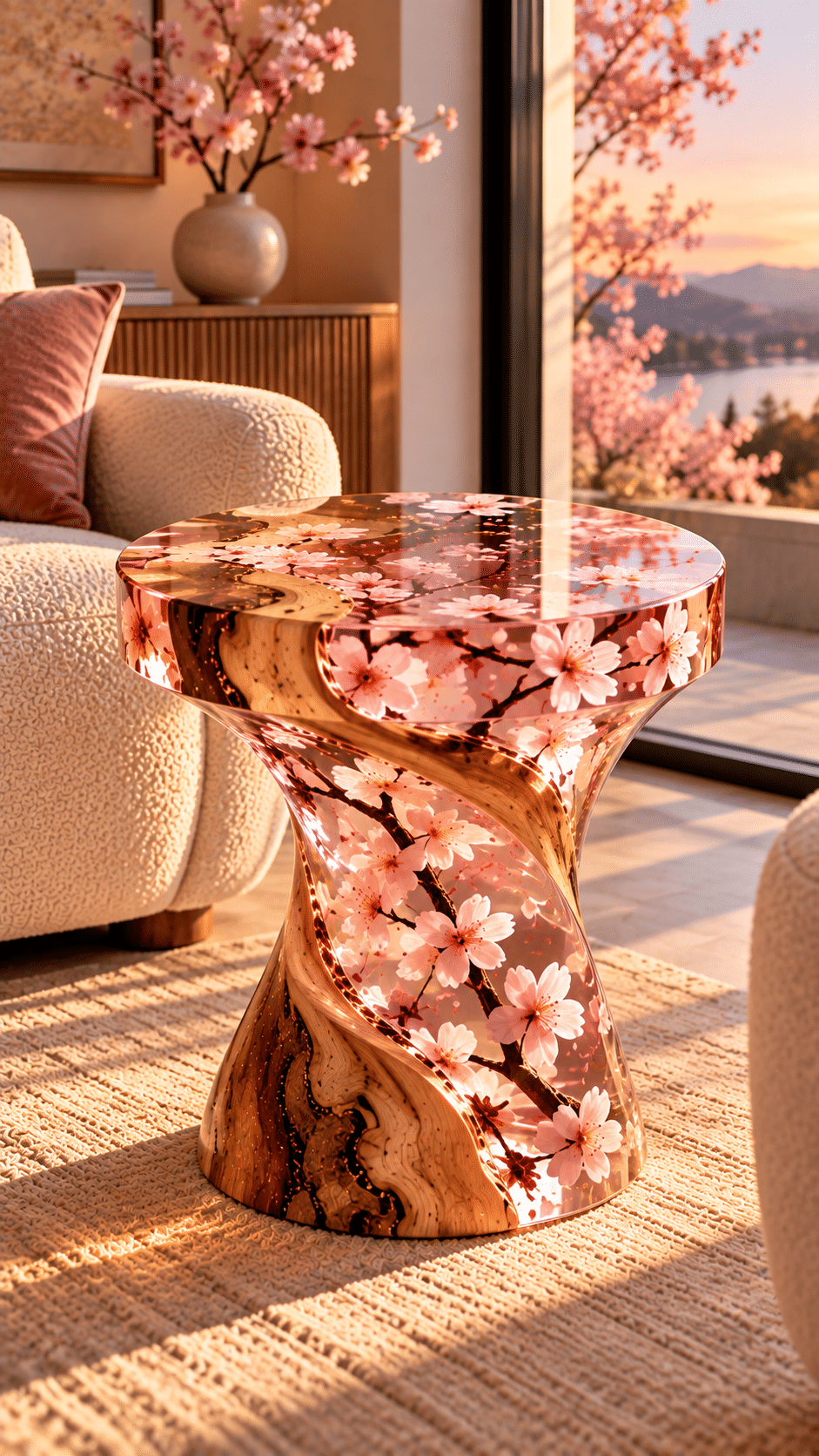 Clear resin and natural wood side table featuring pink cherry blossom flowers in a warm modern interior.