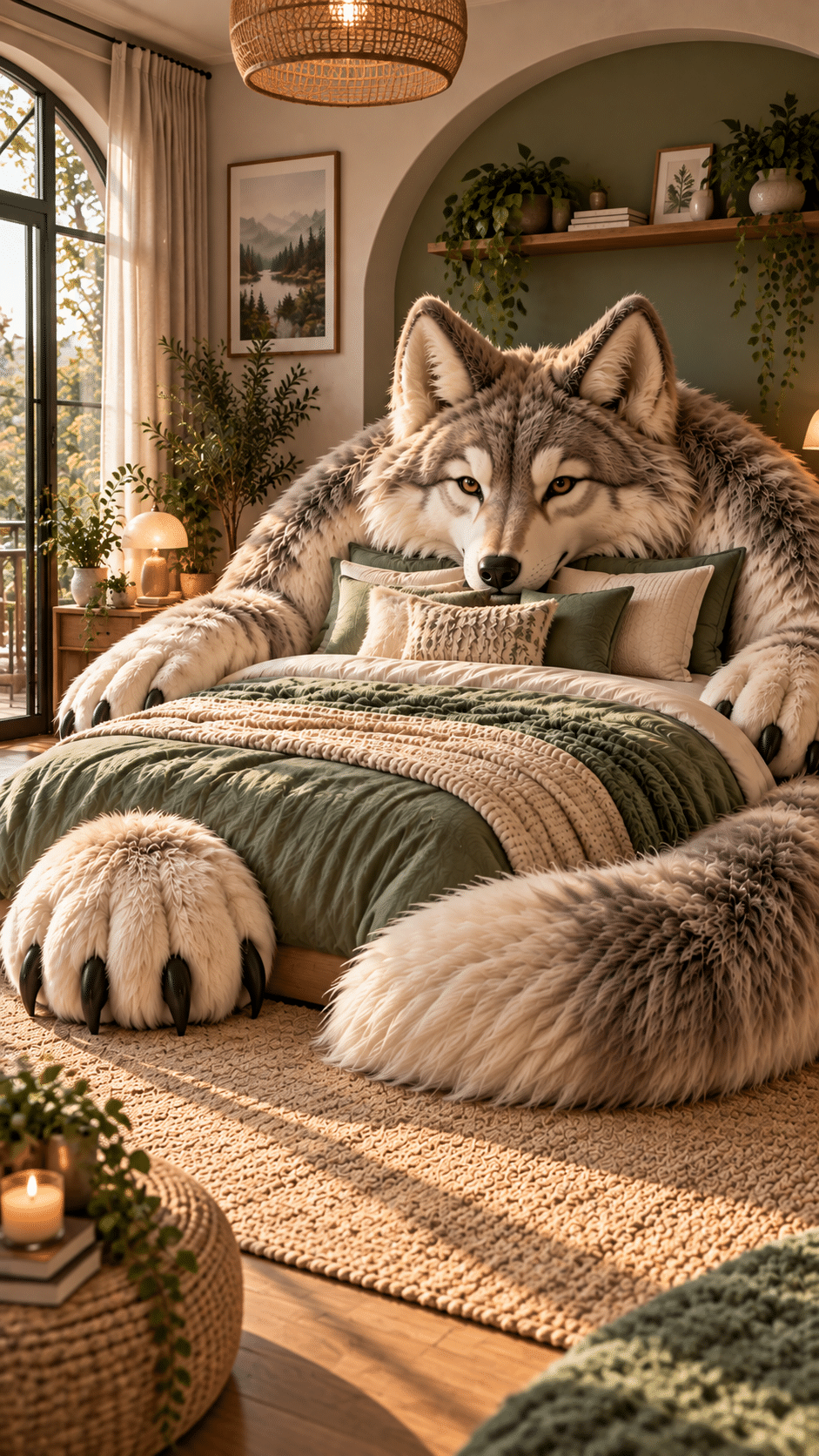 Oversized grey wolf bed surrounded by green bedding, natural plants and warm earthy bedroom décor.
