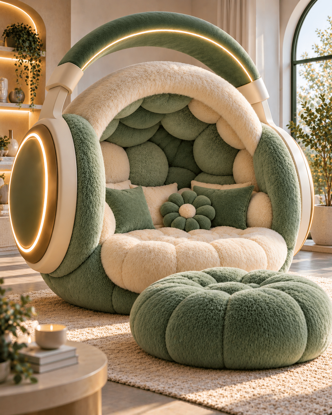 Sage-green headphone reading nook featuring cream cushioned seating, glowing headphone details and matching green footstool.