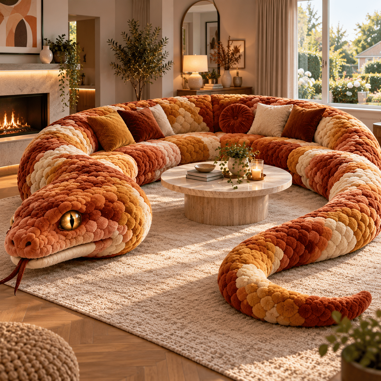 Large snake-shaped sofa featuring burnt orange, terracotta, mustard and cream upholstery in a cosy contemporary living room.