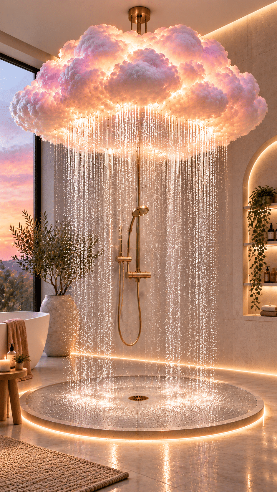 Romantic pink cloud shower with glowing peach lighting, cascading water, golden fixtures and a freestanding bathtub beside a sunset window.
