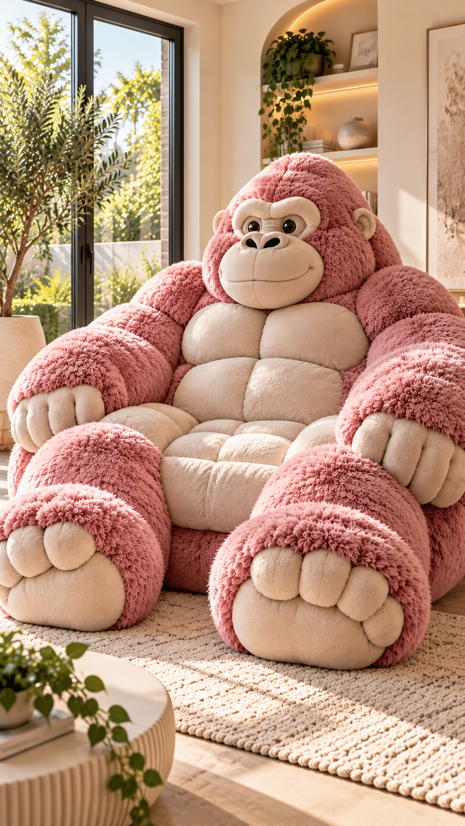Giant pink gorilla chair with pastel faux fur, cream padded upholstery and oversized animal features in a bright contemporary living room.