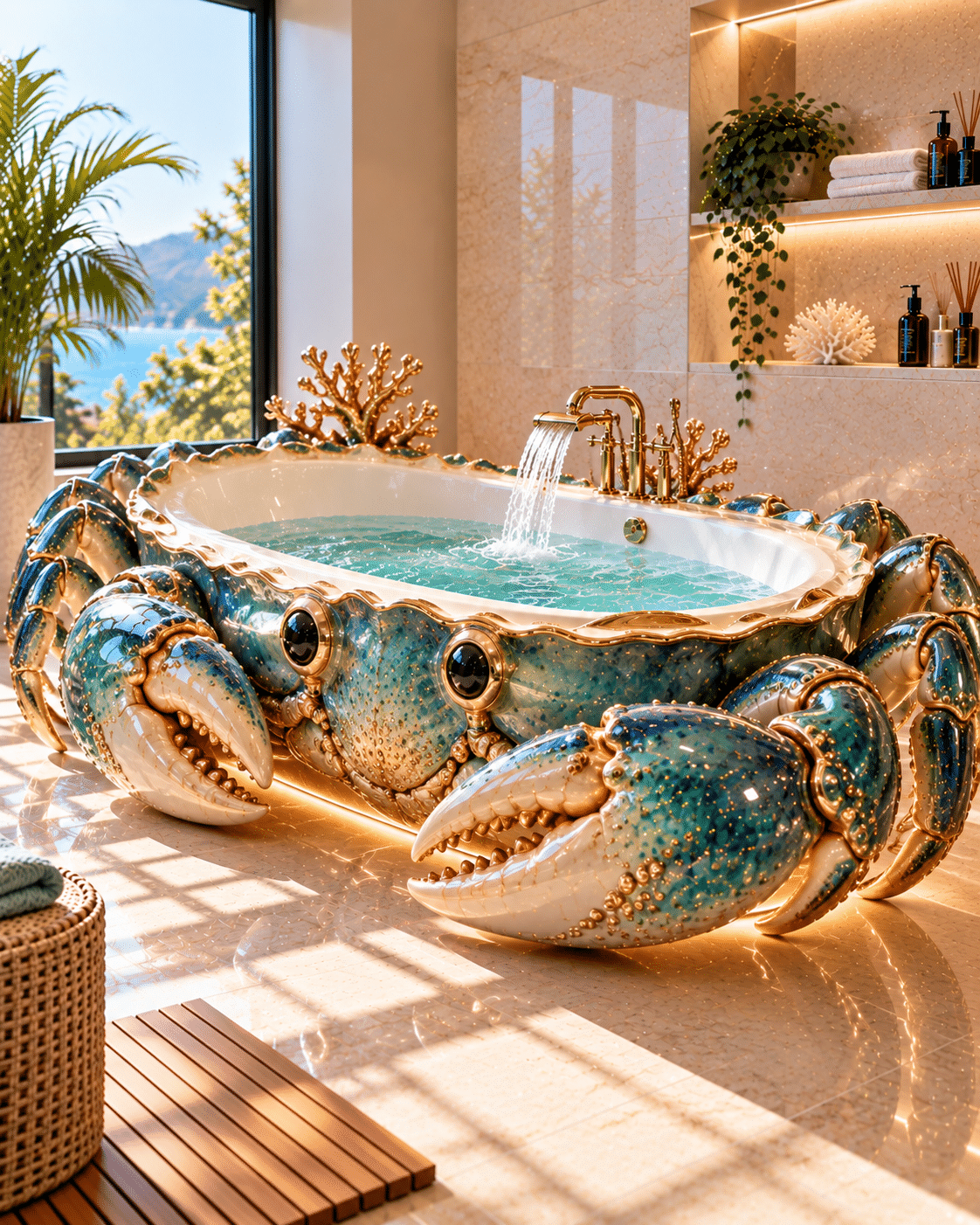 Creative ocean-inspired crab bathtub featuring oversized sculpted claws, turquoise finishes and gold accents in an elegant bathroom.
