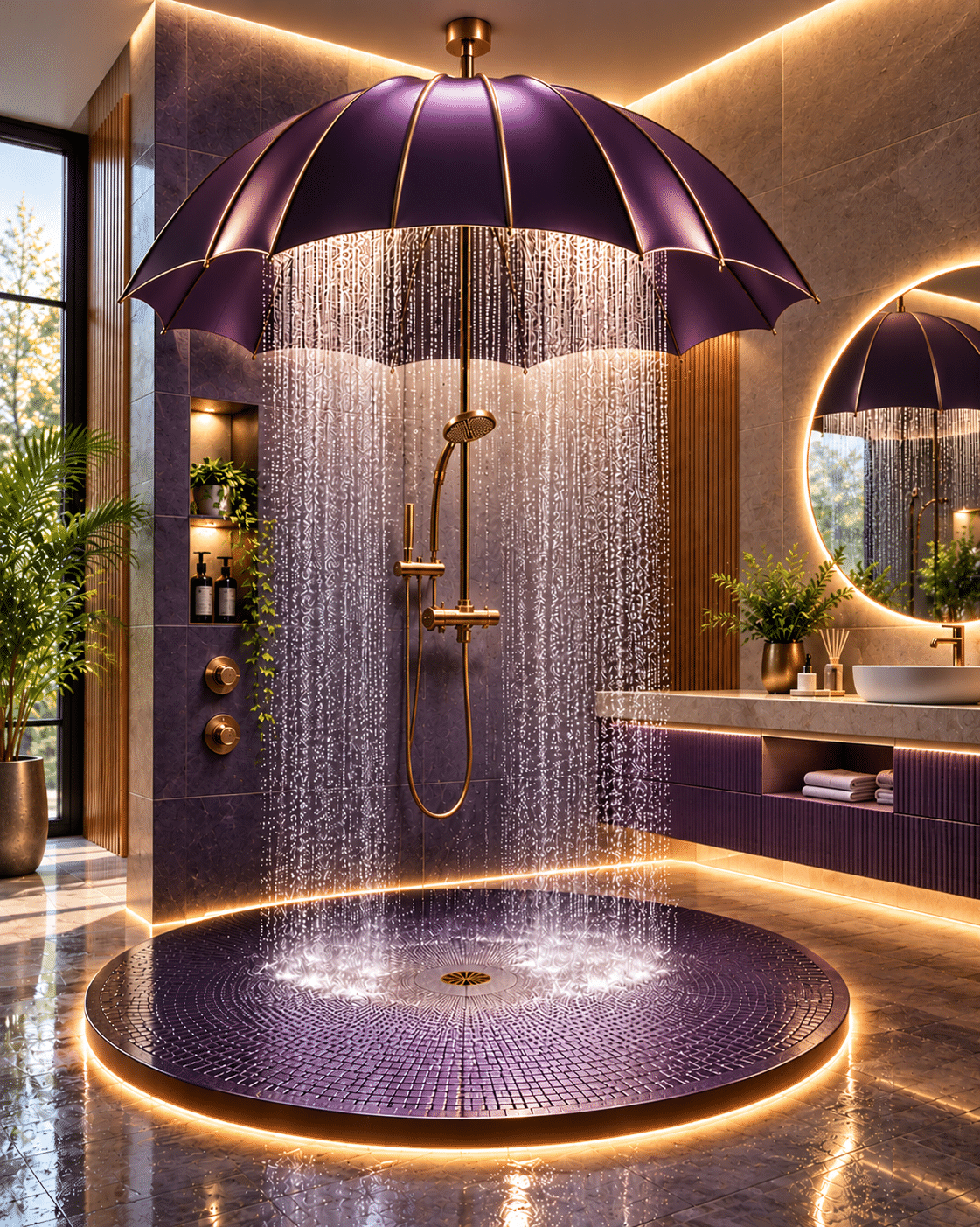 Purple umbrella shower with gold accents, cascading rainfall and illuminated circular platform in a luxurious modern bathroom.