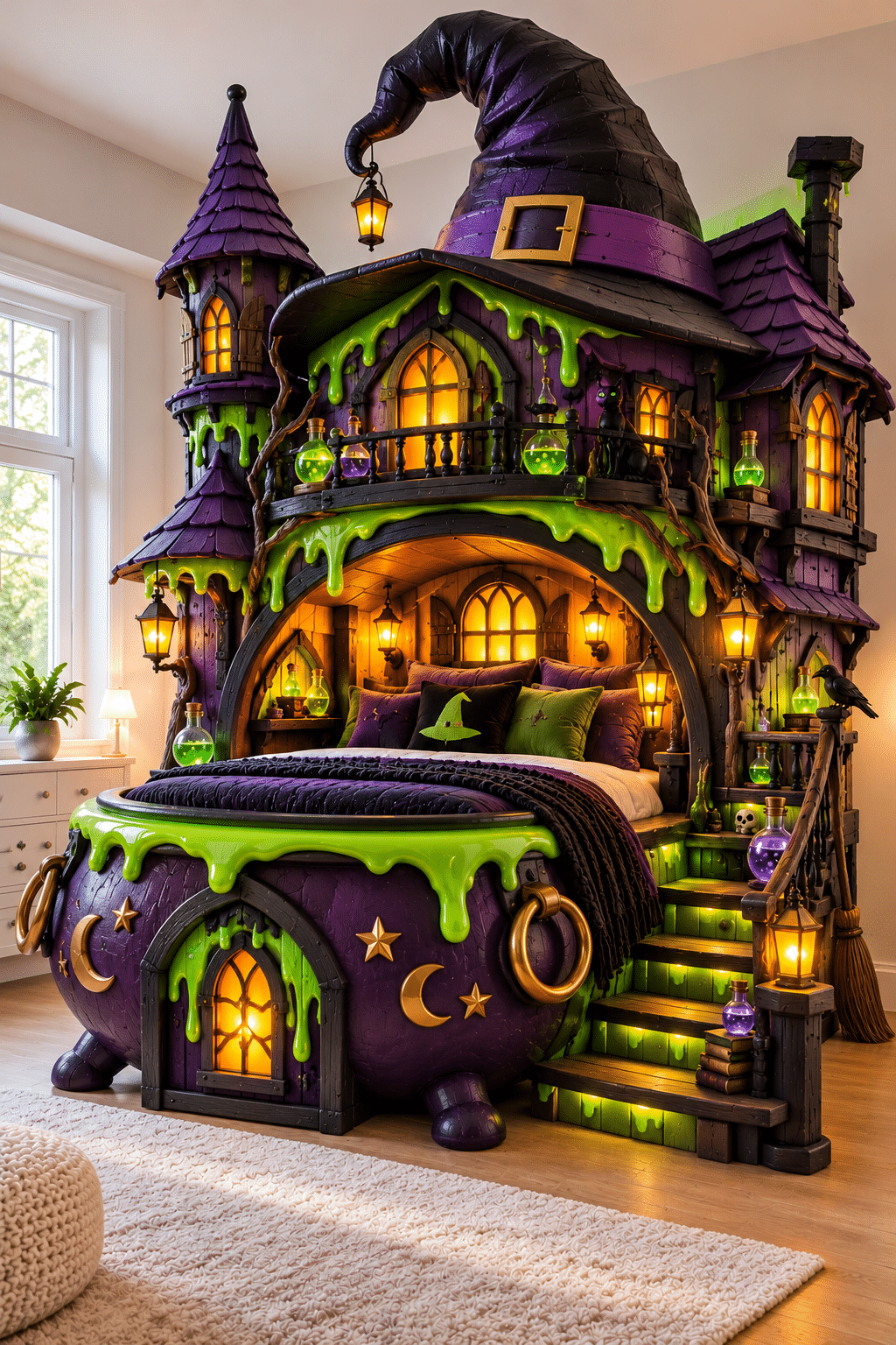 Purple witch-themed Halloween castle bed featuring a giant cauldron, dripping green slime, oversized witch's hat and glowing potion bottles.