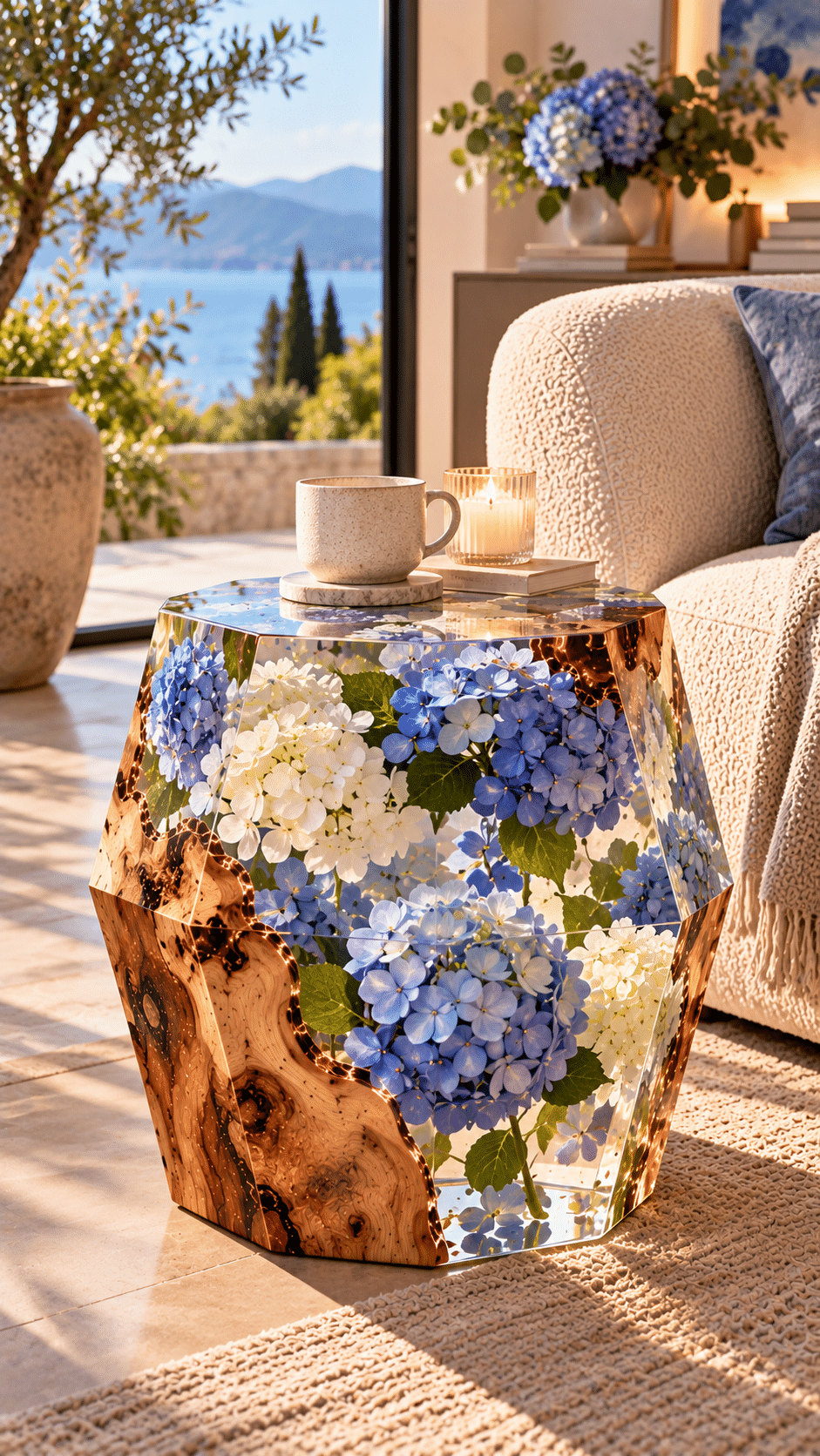 Contemporary resin side table filled with blue and white hydrangea flowers alongside natural wood detailing.