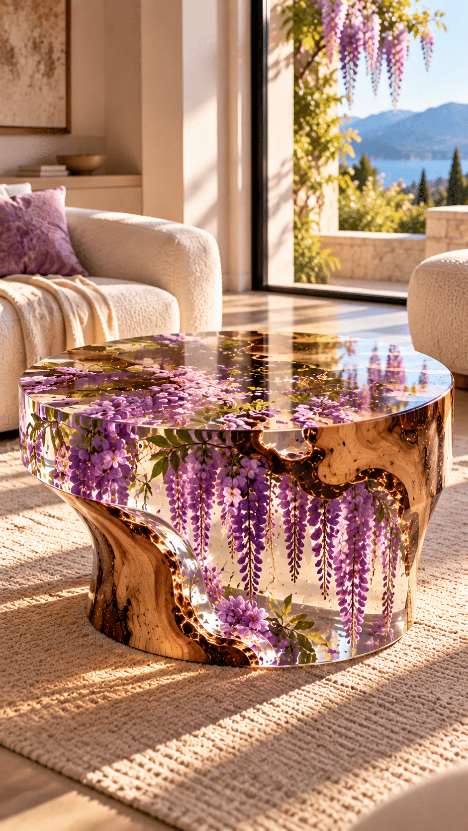 Round floral resin coffee table featuring cascading purple wisteria flowers and sculptural natural wood sections.