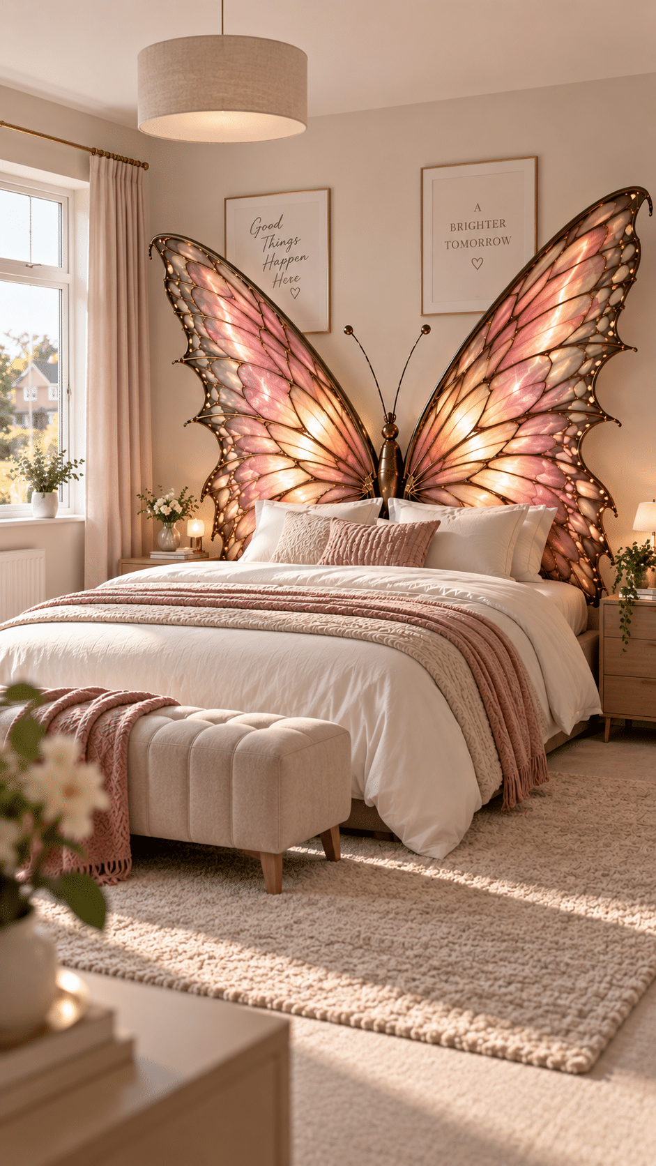 Illuminated pink butterfly wing bed styled with blush bedding and neutral bedroom décor