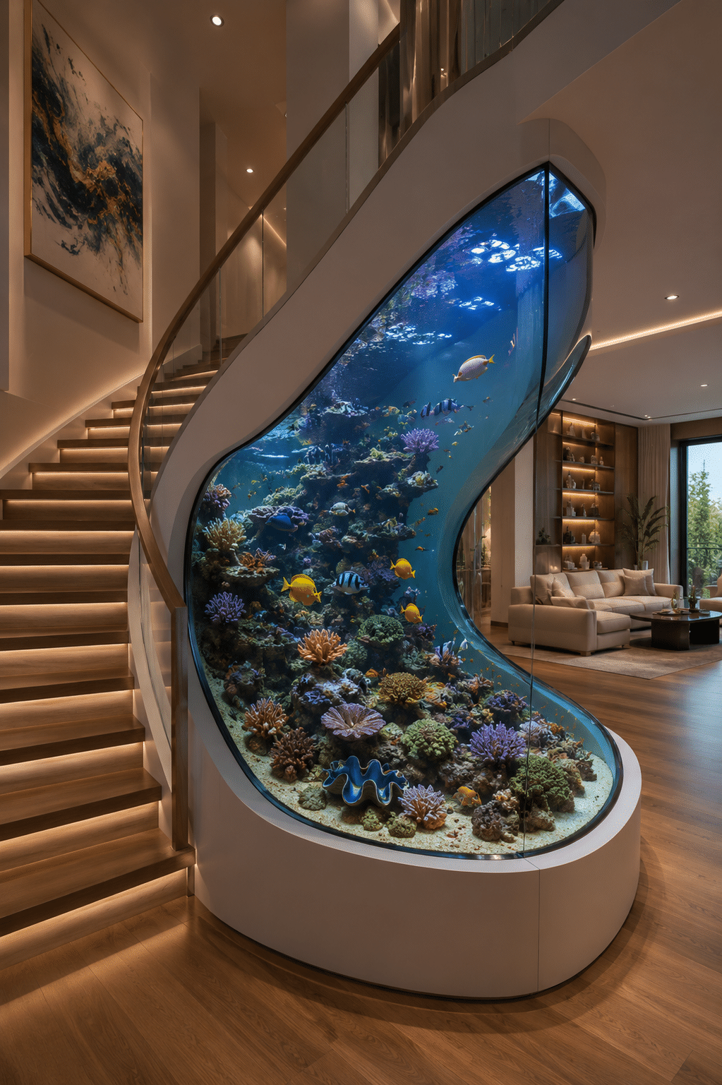 Curved wooden staircase with a large built-in aquarium following the shape of the stairs in a bright minimalist home.