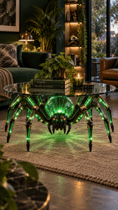 Futuristic green glowing spider coffee table featuring metallic legs and a glass tabletop in an elegant botanical living room.
