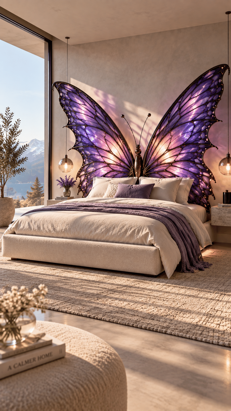 Large glowing purple butterfly wing bed in a luxurious neutral bedroom with mountain views