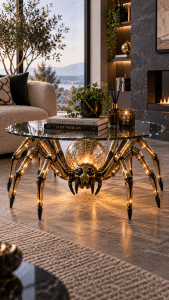Golden illuminated spider coffee table with intricate mechanical legs and a round glass surface in a modern luxury interior.