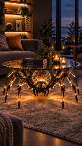 Sculptural spider coffee table with warm amber LED lighting, metallic legs and a circular glass top in a contemporary lounge.